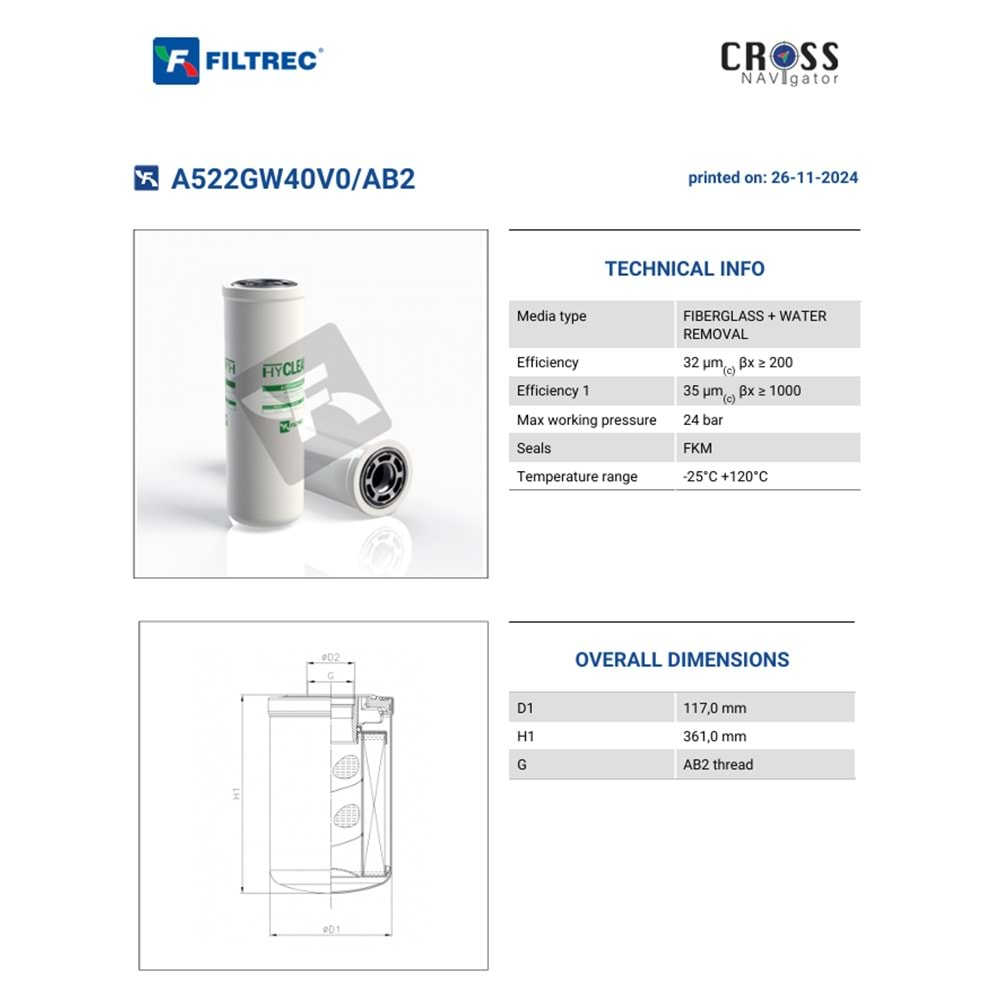 FILTREC A522GW40V0/AB2 SPIN-ON CARTRIDGE