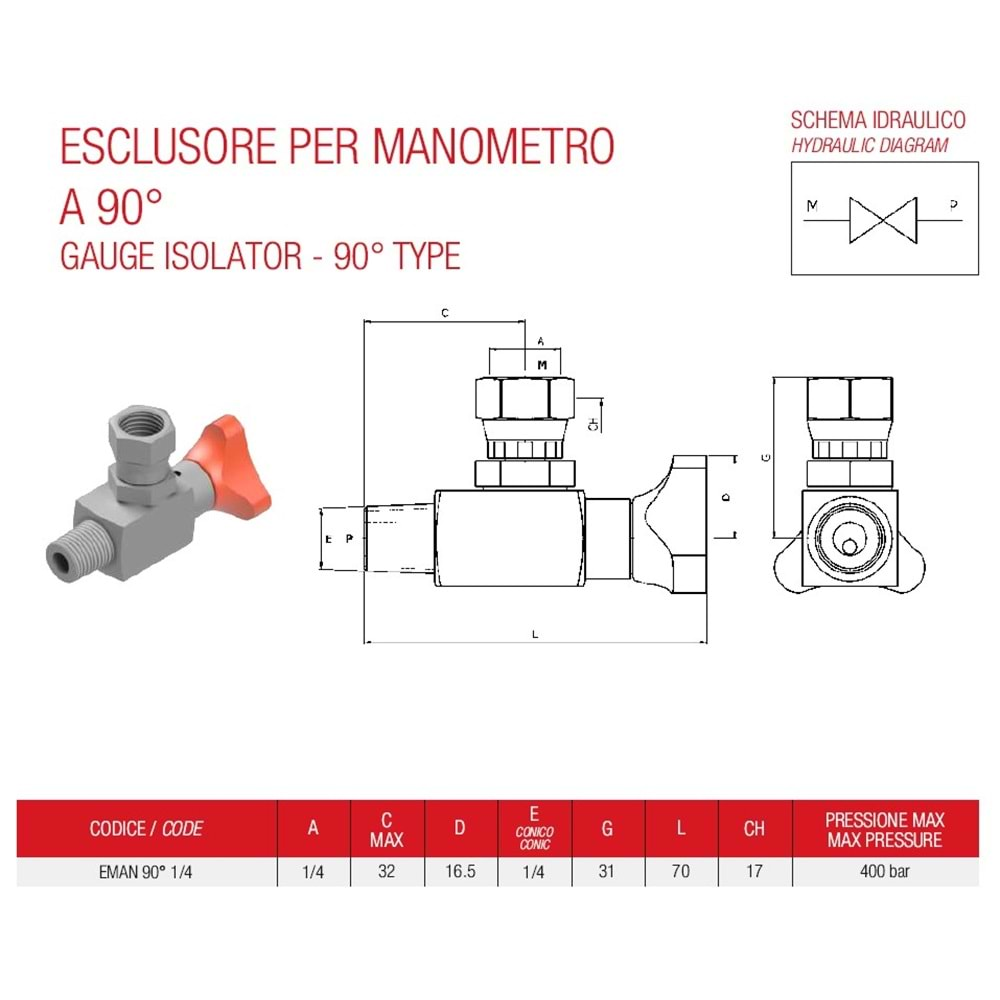 PIOTTI EMAN90 14 ESCLUSORE PER MANOMETRO 90° 1/4