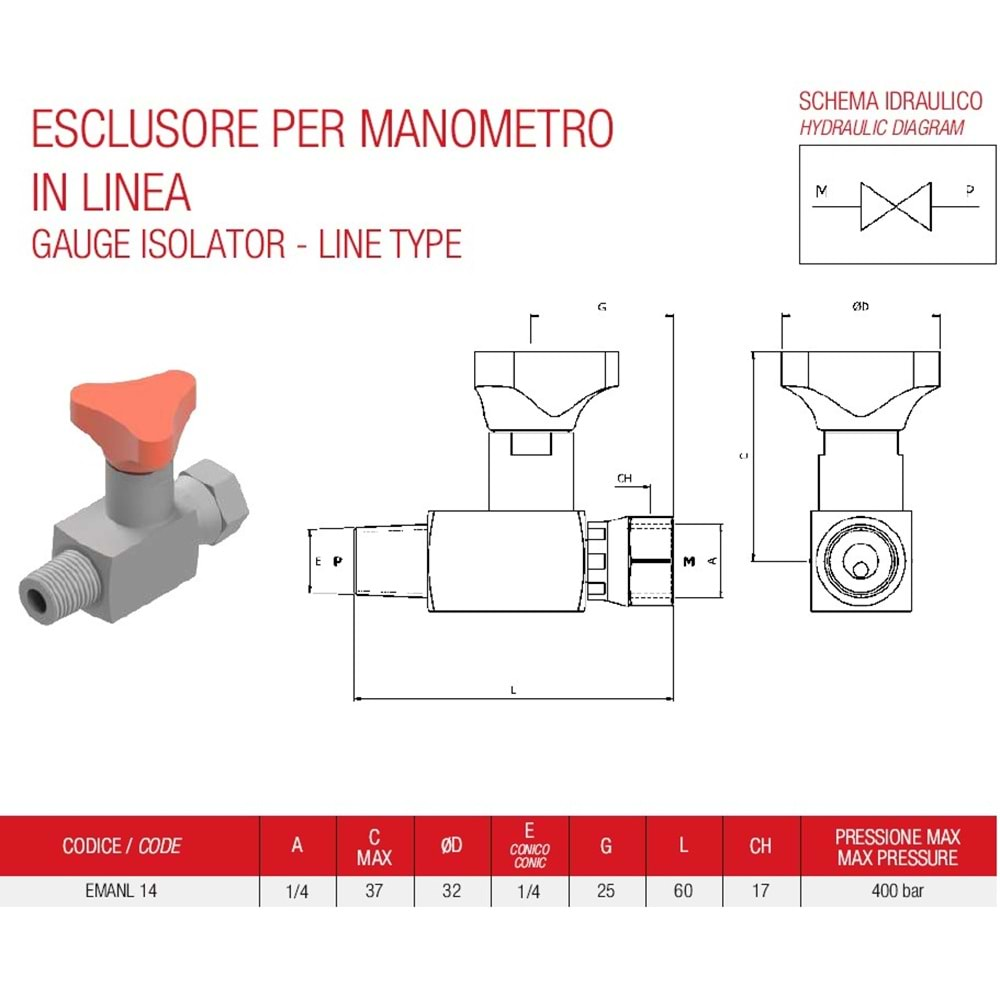 PIOTTI EMANL 14 ESCLUSORE PER MANOMETRO IN LINEA 1/4