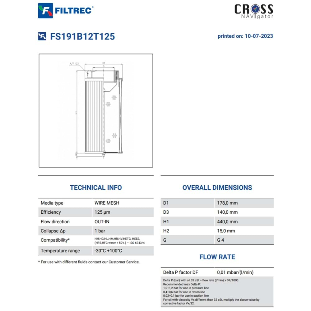 FILTREC FS191B12T125 SUCTION ELEMENT