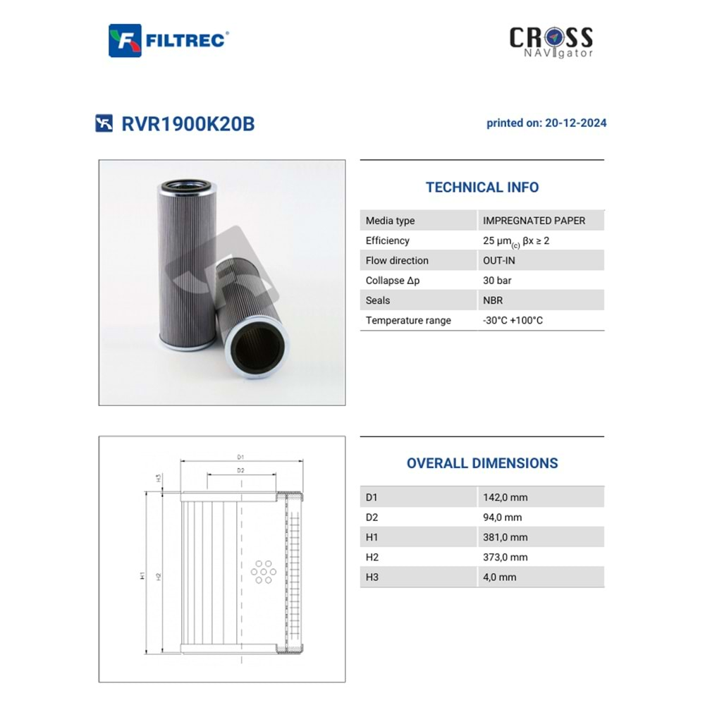 FILTREC RVR1900K20B FILTER ELEMENT