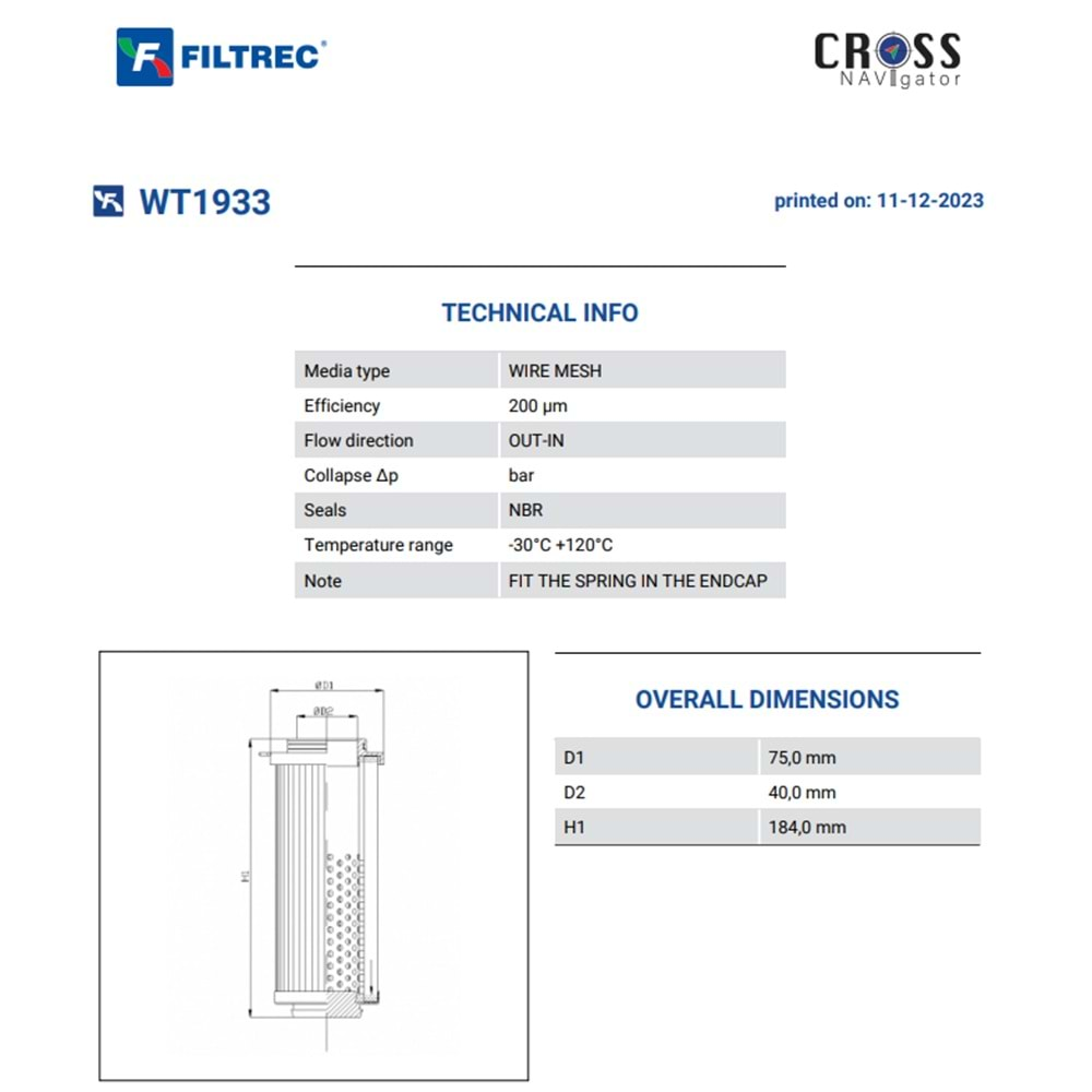 FILTREC WT1933 FILTER ELEMENT