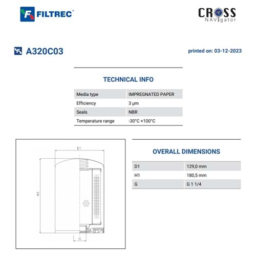 FILTREC A320C03 SPIN-ON CARTRIDGE