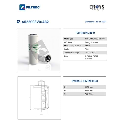 FILTREC A522G03V0/AB2 SPIN-ON CARTRIDGE