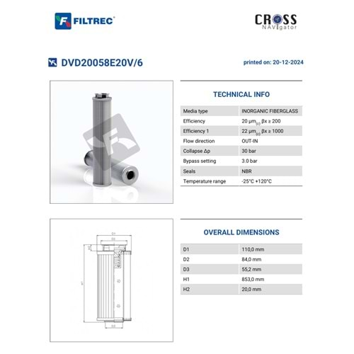 FILTREC DVD20058E20V/6 FILTER ELEMENT