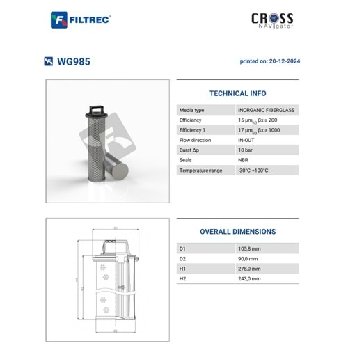 FILTREC WG985 FILTER ELEMENT