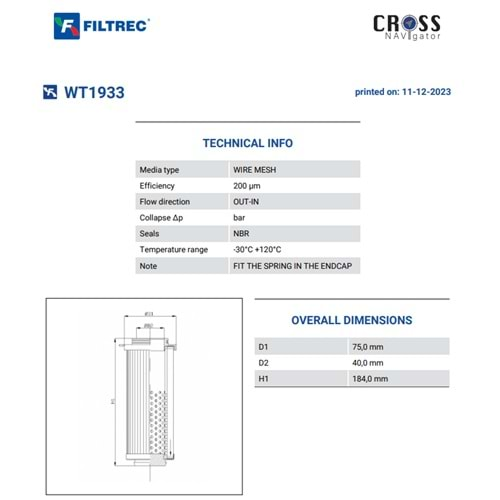 FILTREC WT1933 FILTER ELEMENT